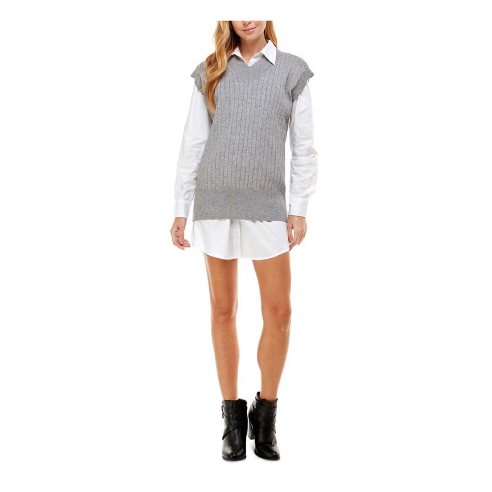 NWT CITY STUDIO Womens Sweater Dress Micro Mini Gray Sleeveless Juniors M